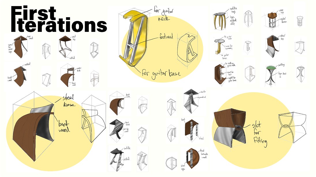 First iterations sketch page: bent wood and steel stool concepts with notes for the guitar neck rest, footrest, guitar base and a slot for fitting