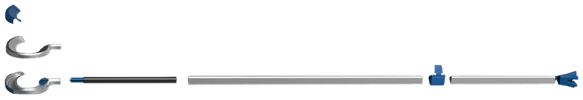 Exploded view of the STEADY cane: grip, handle, handle base, gas spring, shaft, clamp and foot